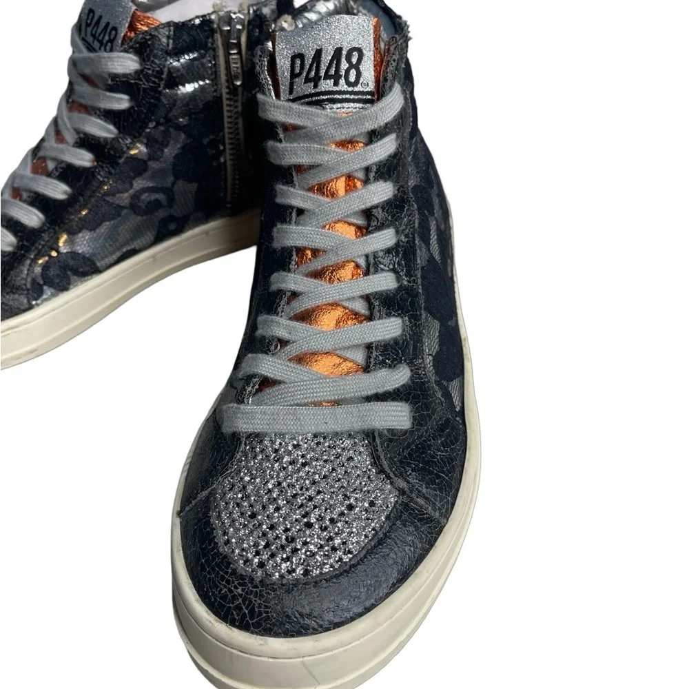 P448 high top sneakers glitter lace metallic Black silver orange  Sz 38 or 7.5/8
